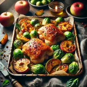 Gebakken kip met appel en spruitjes uit de oven