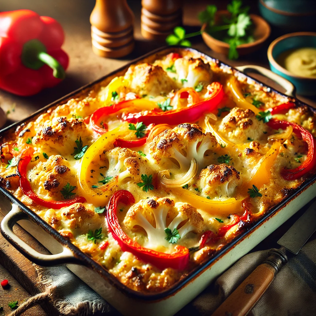 Gegratineerde bloemkoolschotel met paprika en ui