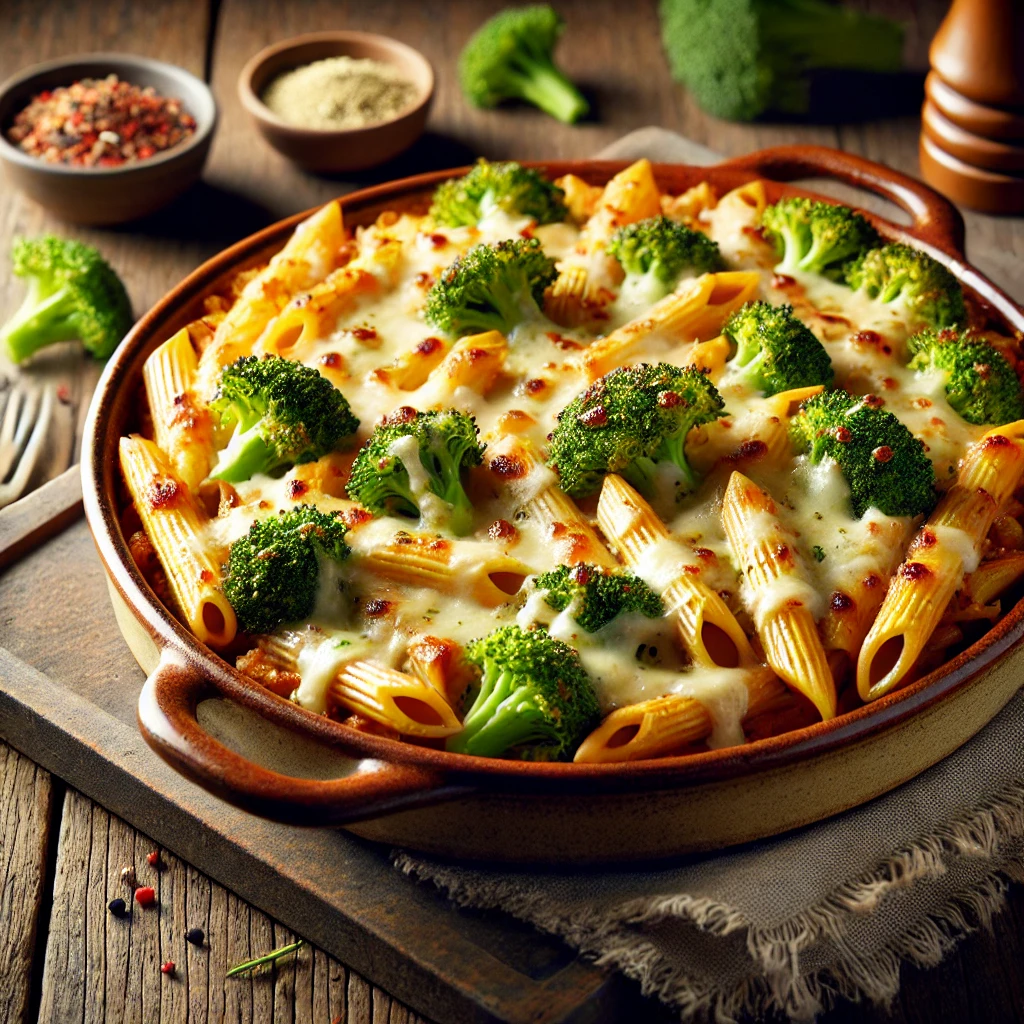 Gegratineerde volkoren penne met broccoli en magere kaas