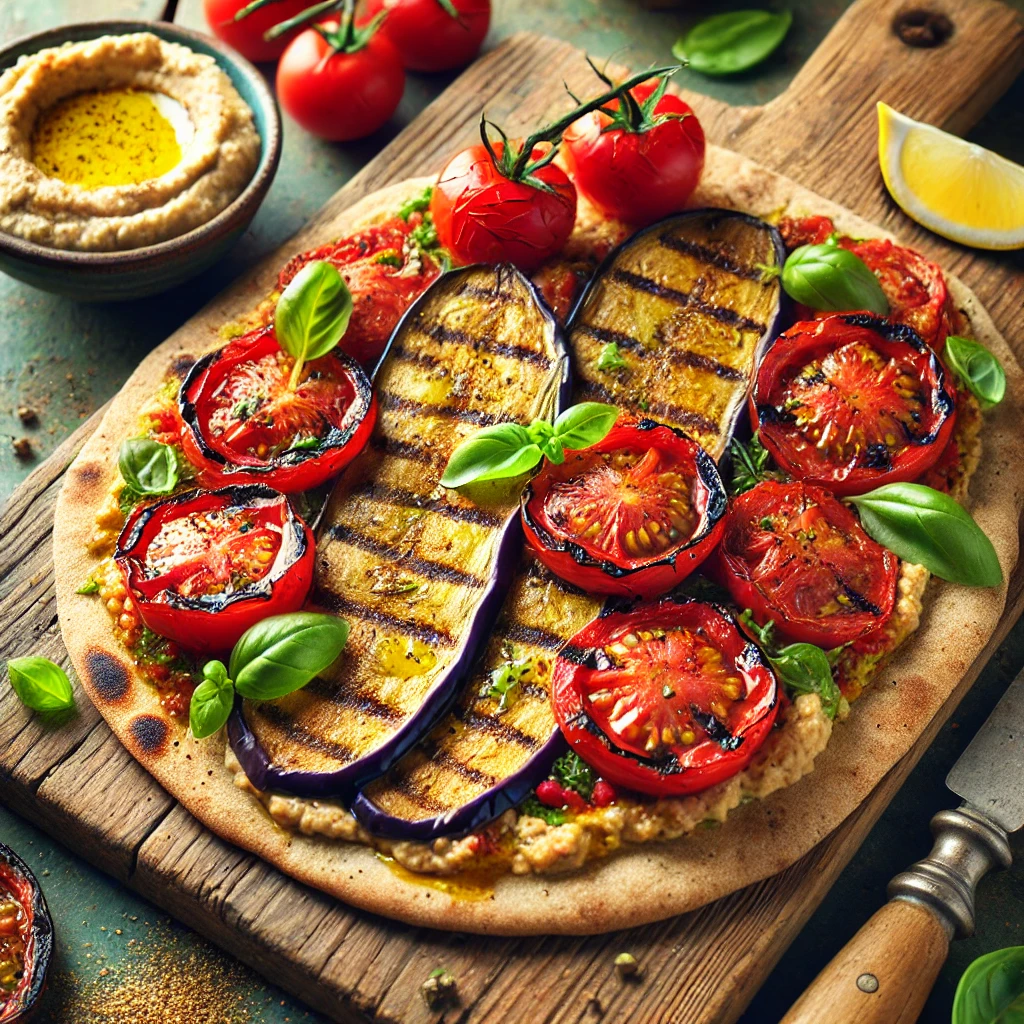 Gegrilde aubergine en tomaat op volkoren flatbread