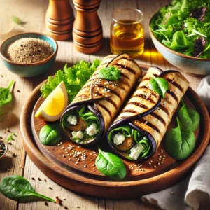 Gegrilde auberginewraps met feta en spinazie