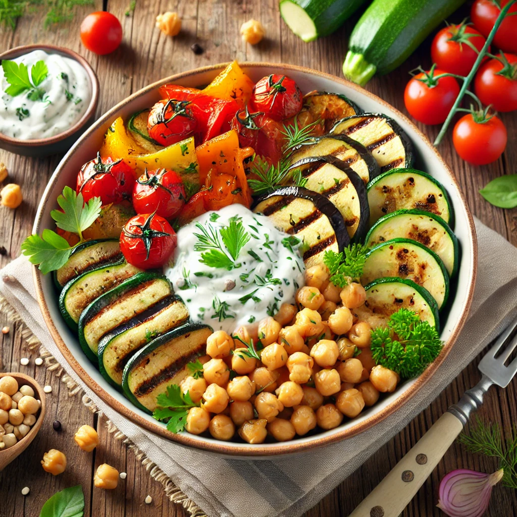 Gegrilde groentebowl met kikkererwten en tzatziki