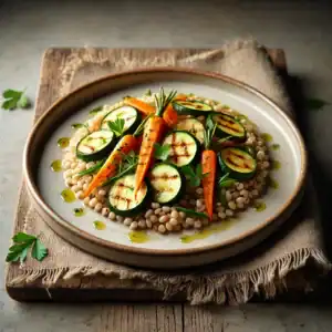 Gekookte parelgerst met geroosterde courgette en wortel