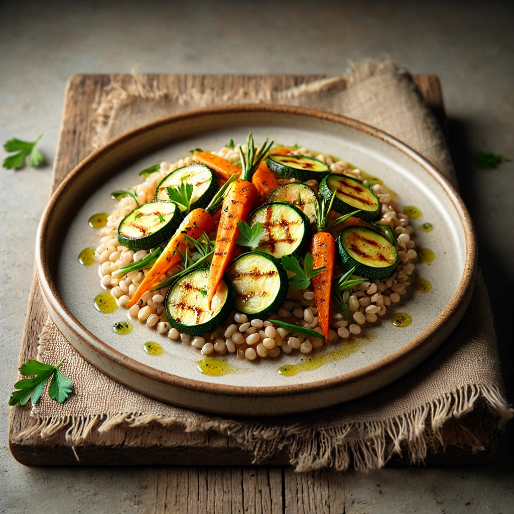 Gekookte parelgerst met geroosterde courgette en wortel