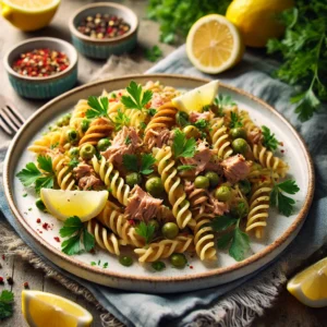 Gekruide volkoren fusilli met tonijn en frisse citroendressing