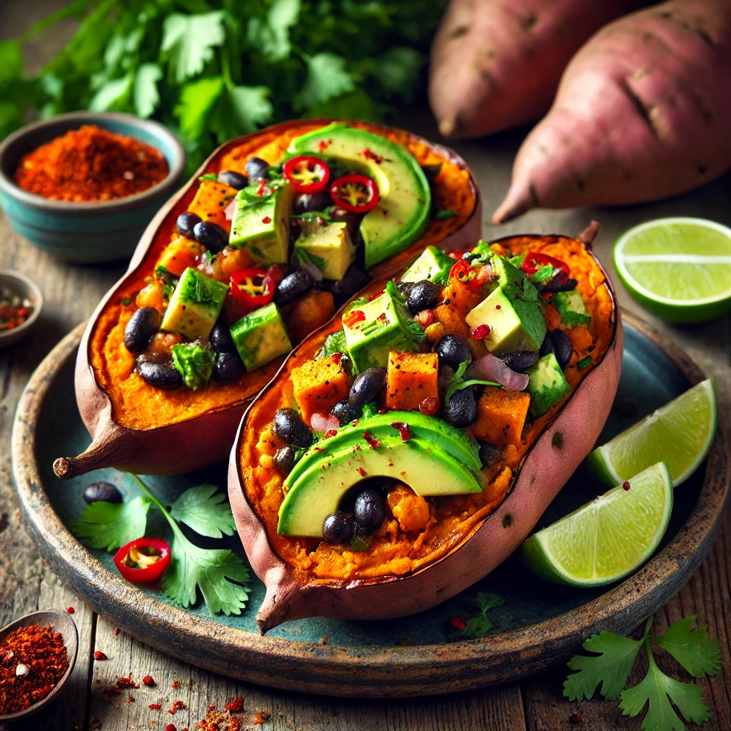 Gepofte zoete aardappel met zwarte bonen en avocado