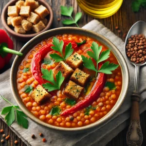 Geroosterde Paprika-linzensoep met Volkoren Croutons