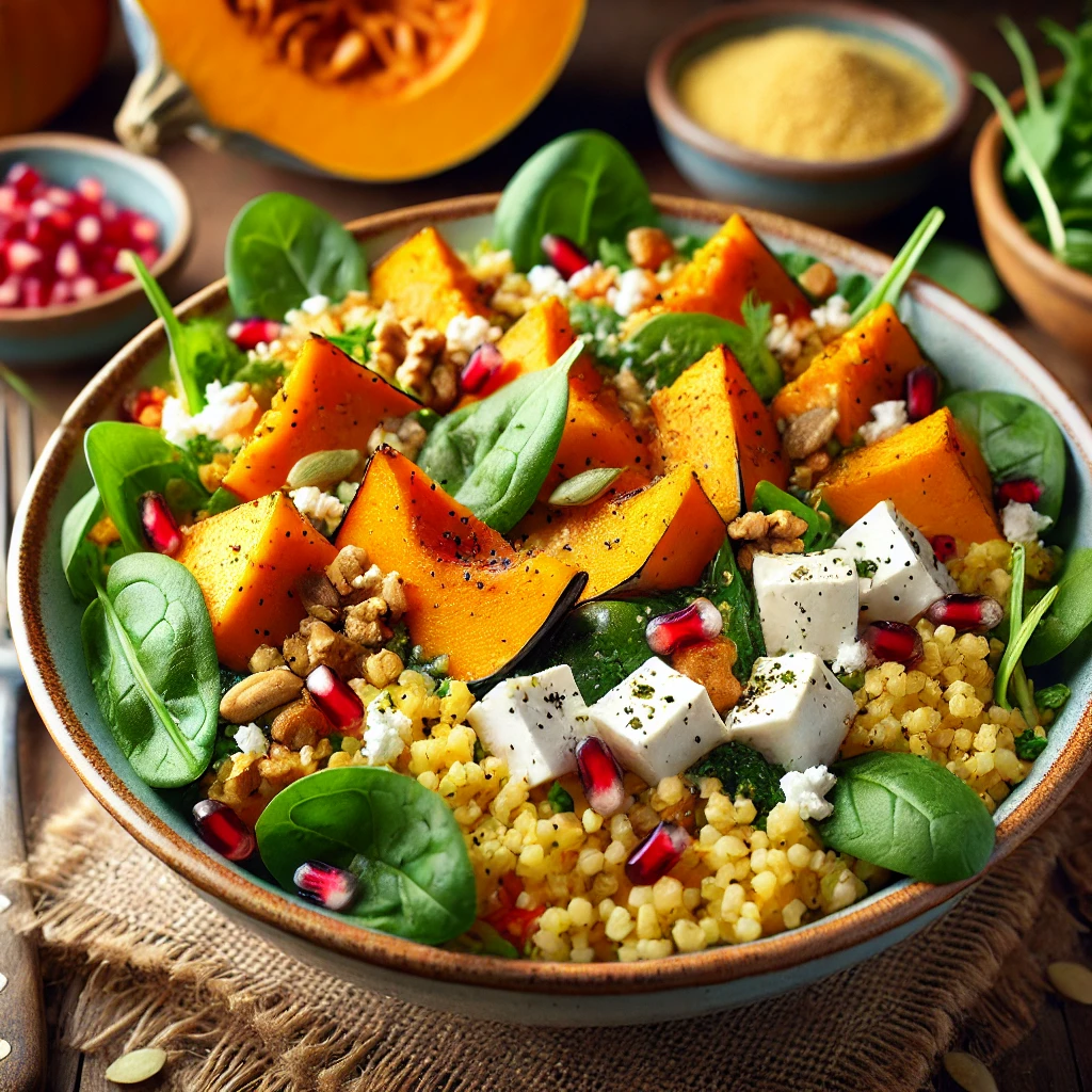 Geroosterde pompoen-bowl met bulgur en feta