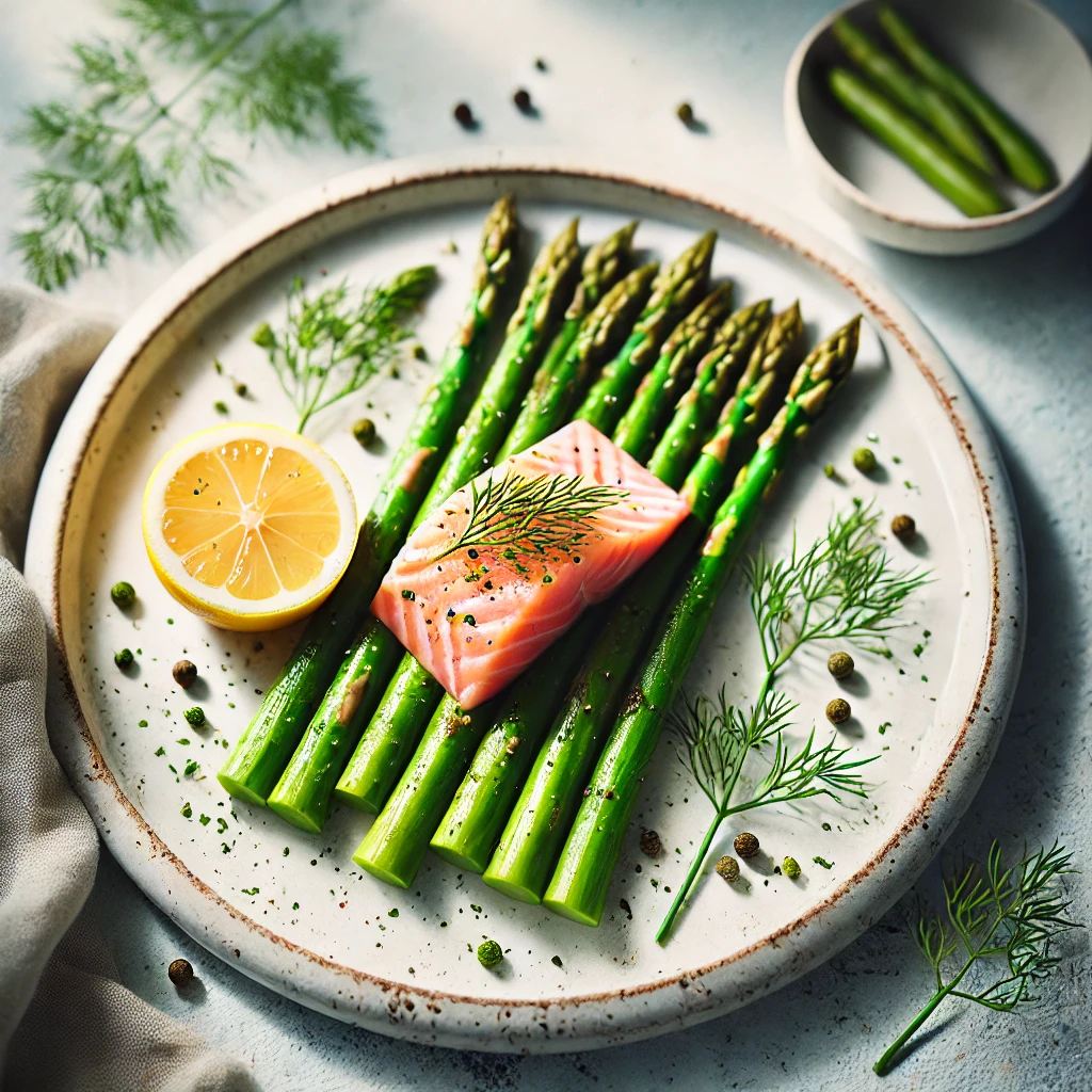 Gestoomde asperges met zalm en een beetje citroen