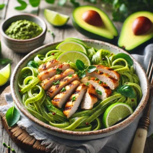 Groene pasta met avocado, kip en limoen