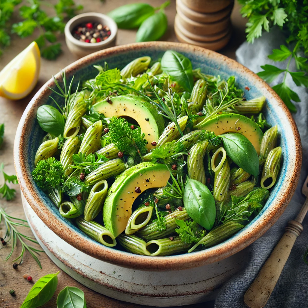 Groene speltpasta-salade met avocado en tuinkruiden