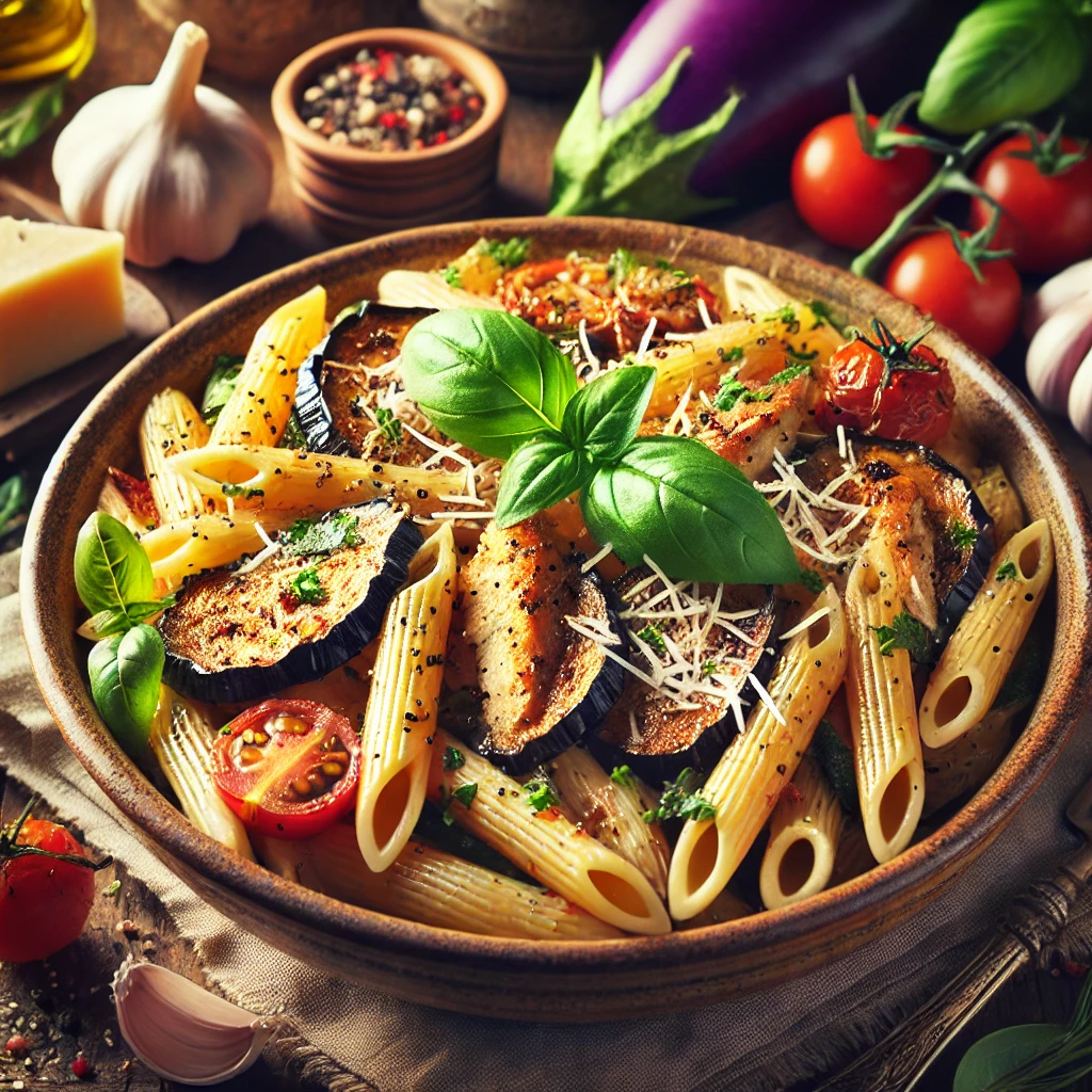 Italiaanse kruidige kip en aubergine-penne