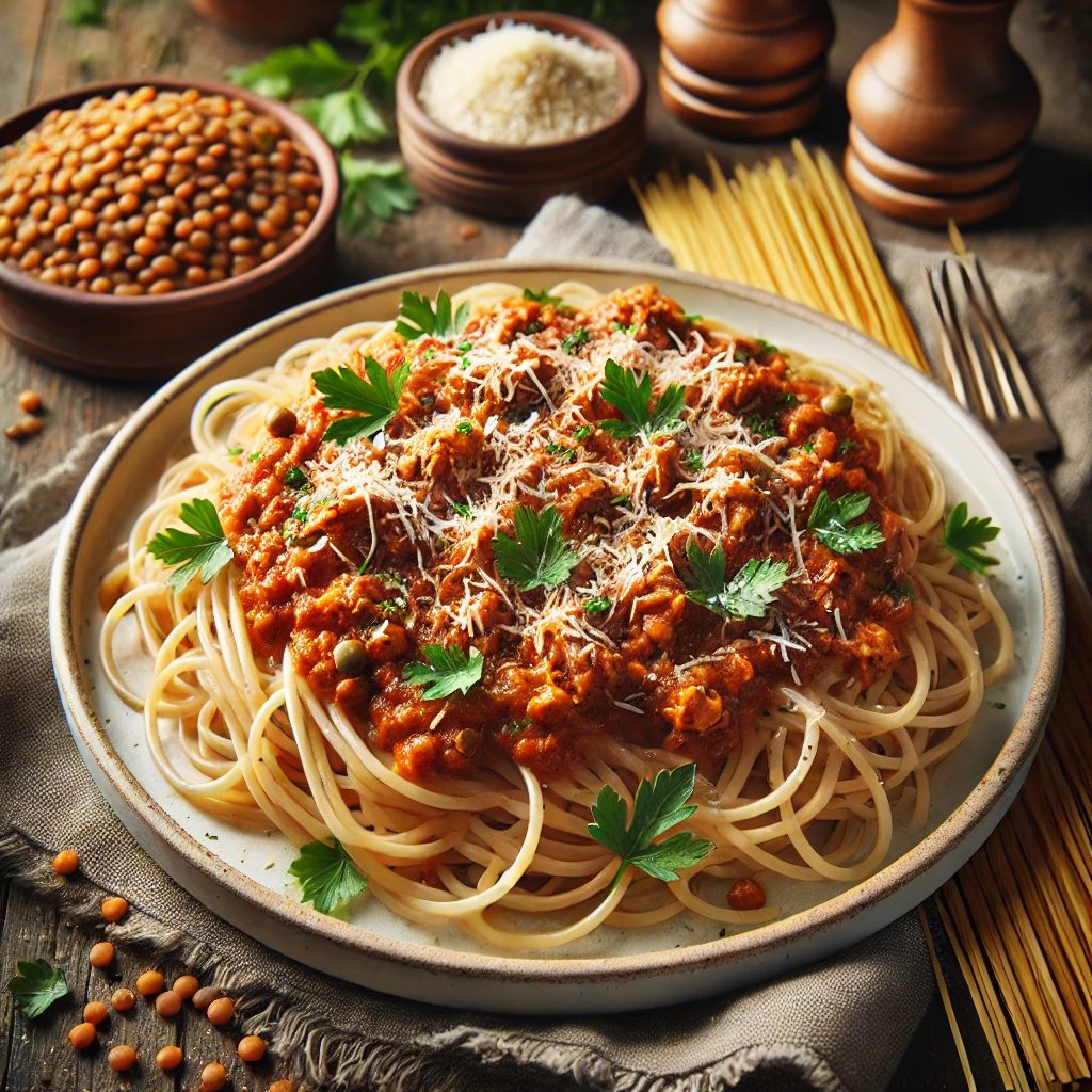 Kip-bolognese met volkoren spaghetti en linzen