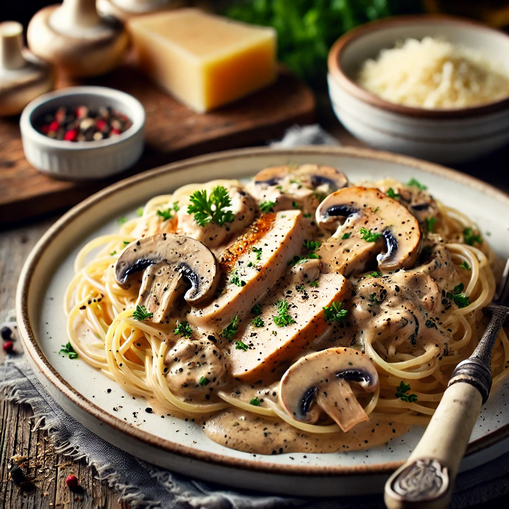 Kip en champignons in romige saus met volkoren spaghetti