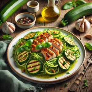 Kip en courgette-spaghetti met knoflook en kruiden