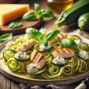 Kip en courgettepasta met ricotta en verse basilicum