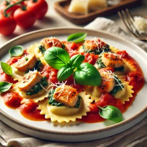 Kip en spinazie ravioli met lichte tomatenroomsaus