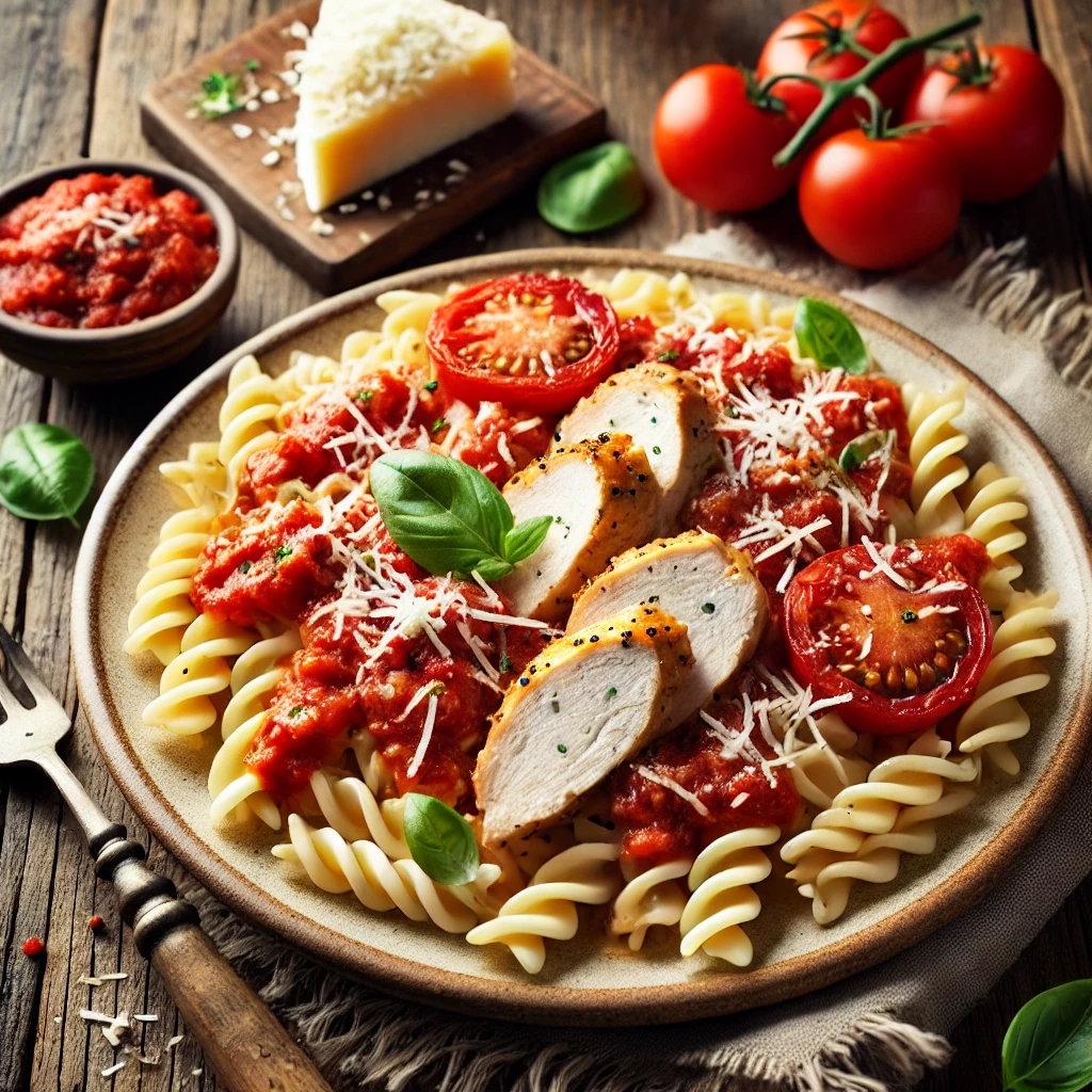 Kip en tomaten-ricottasaus met volkoren fusilli