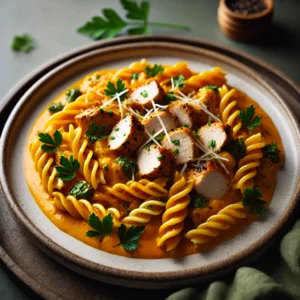 Kip in romige pompoensaus met volkoren fusilli