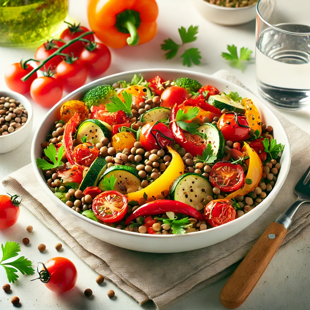 Kleurrijke linzensalade met geroosterde groenten