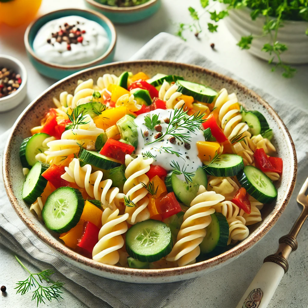 Knapperige koude pasta met paprika, komkommer en yoghurtdressing