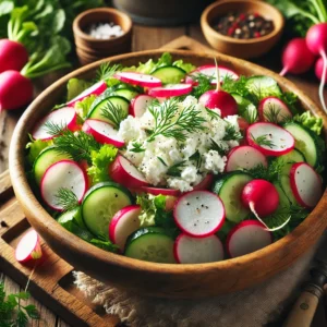 Knapperige salade met radijs, komkommer en cottage cheese