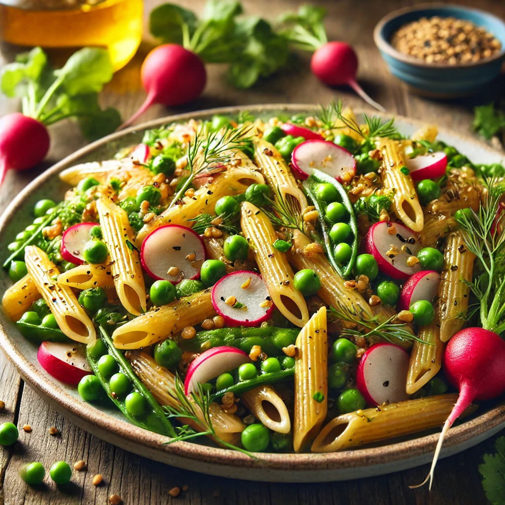 Knapperige volkoren penne met radijs, erwtjes en een honing-mosterddressing