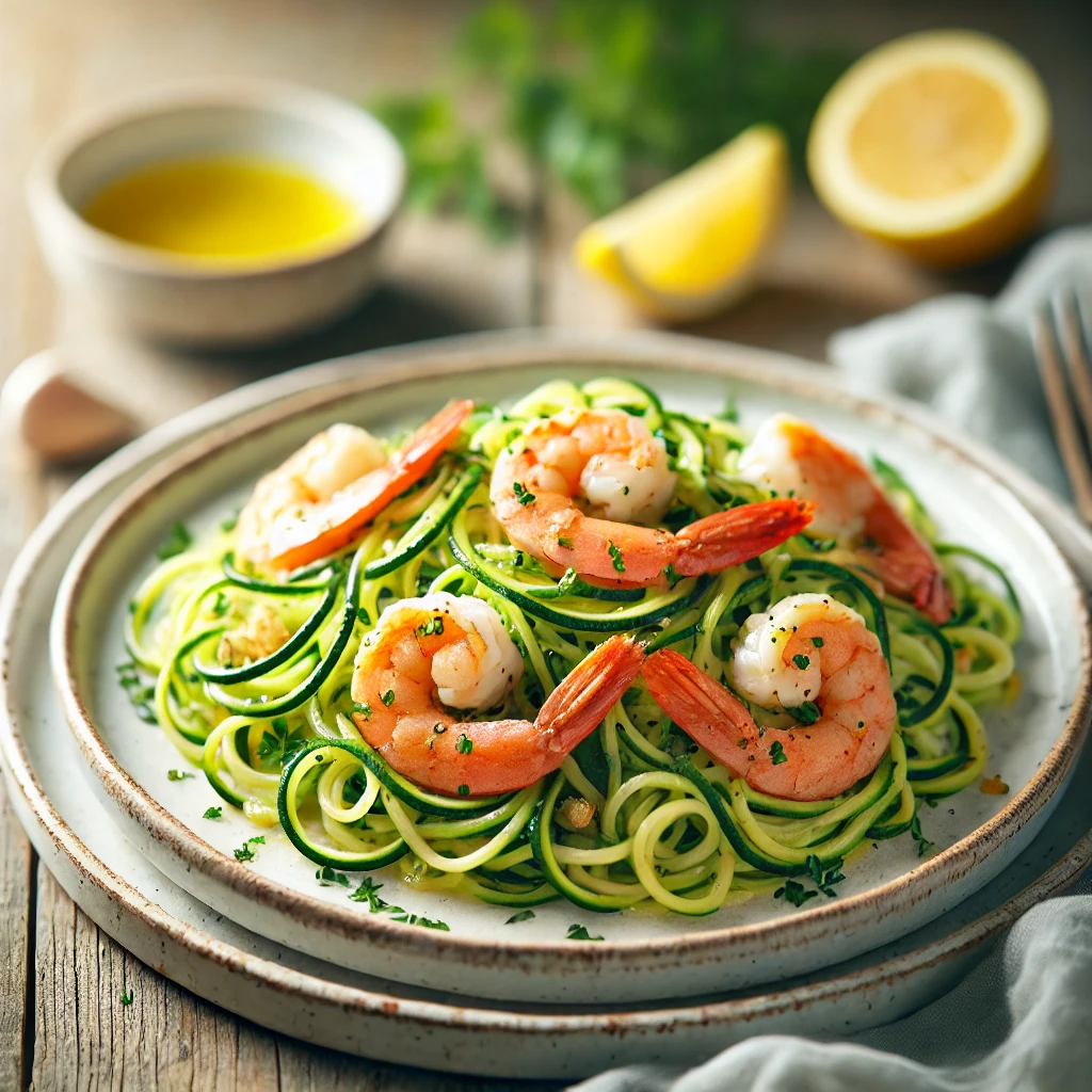 Koolhydraatarme courgette spaghetti met knoflook en garnalen