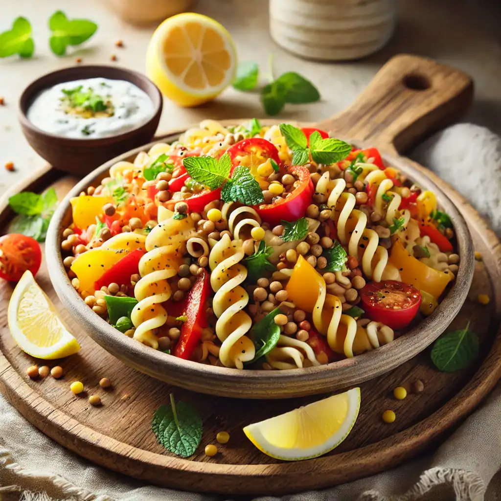 Koude Linzen pasta salade Met Paprika En Frisse Yoghurtsaus Hart In Shape