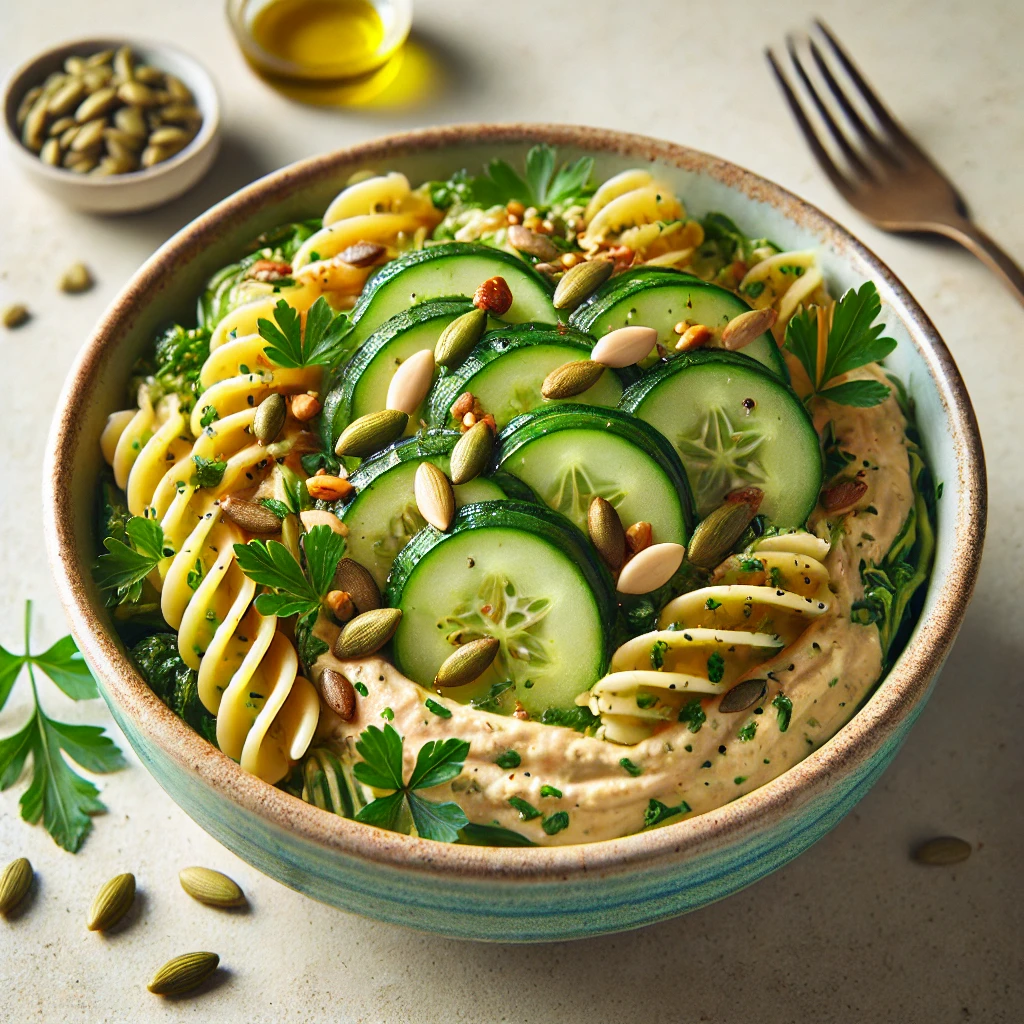 Koude pasta met hummus, komkommer en geroosterde pitten