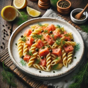 Koude pasta met zalm, dille en citroendressing