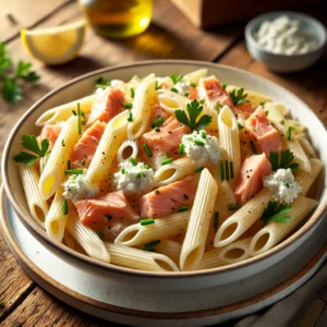 Koude penne met zalm, cottage cheese en bieslook