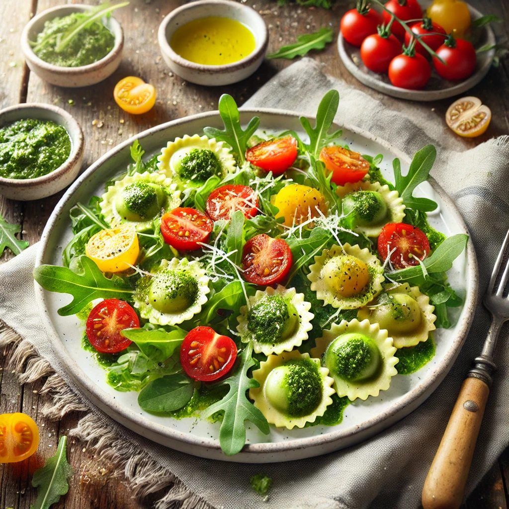 Koude ravioli-salade met pesto, cherrytomaat en rucola