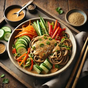 Koude soba-noedelsalade (oorspronkelijk geen pasta, maar heerlijk!) met pindasaus