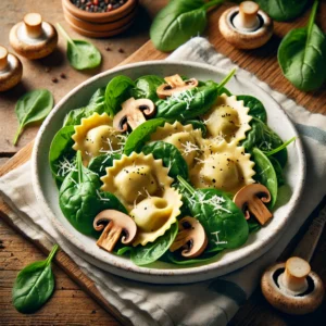 Lauwwarme tot koude ravioli-salade met kastanjechampignons en spinazie