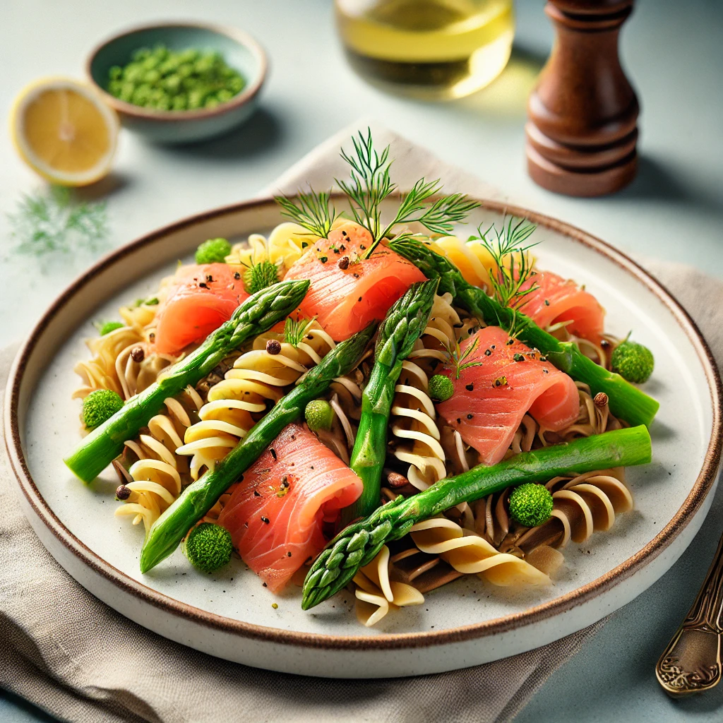 Linzenpasta met gerookte zalm en groene asperges