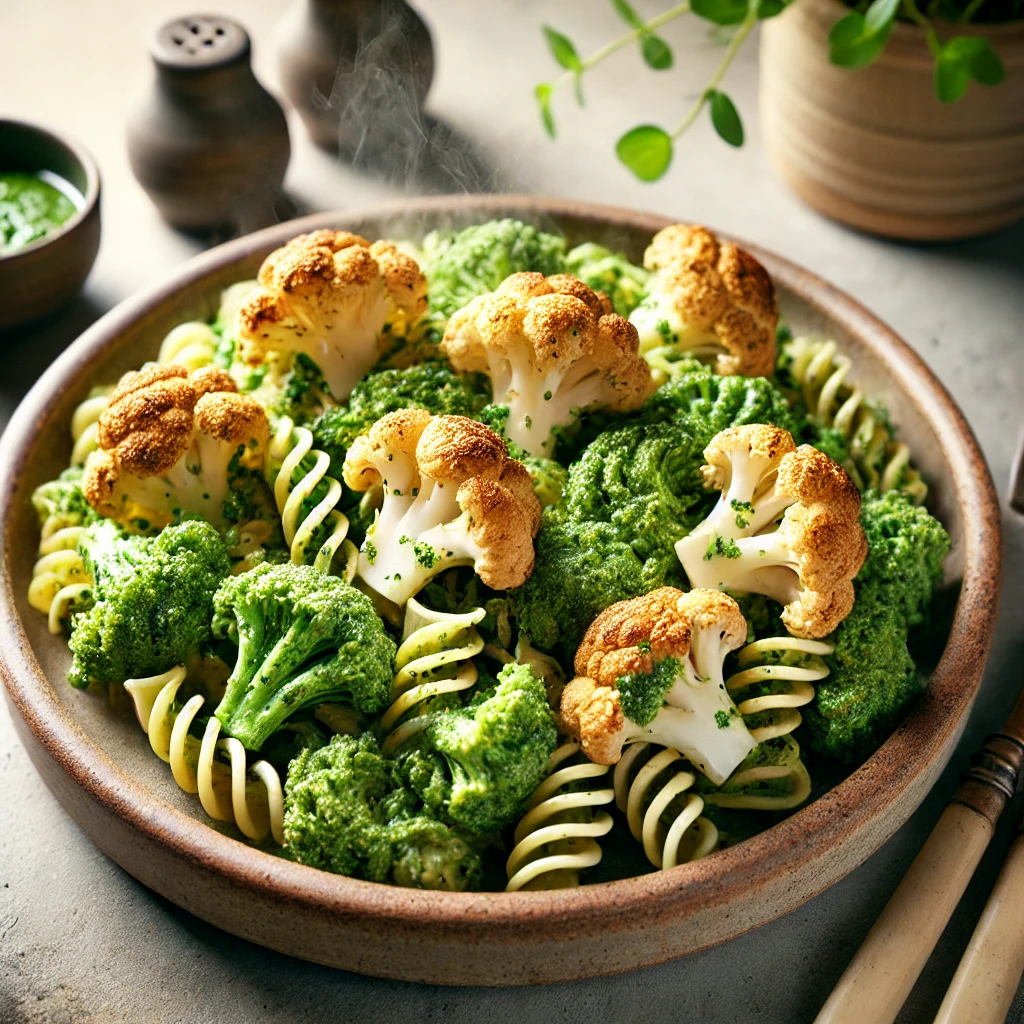 Linzenpasta met groene pesto en geroosterde bloemkool