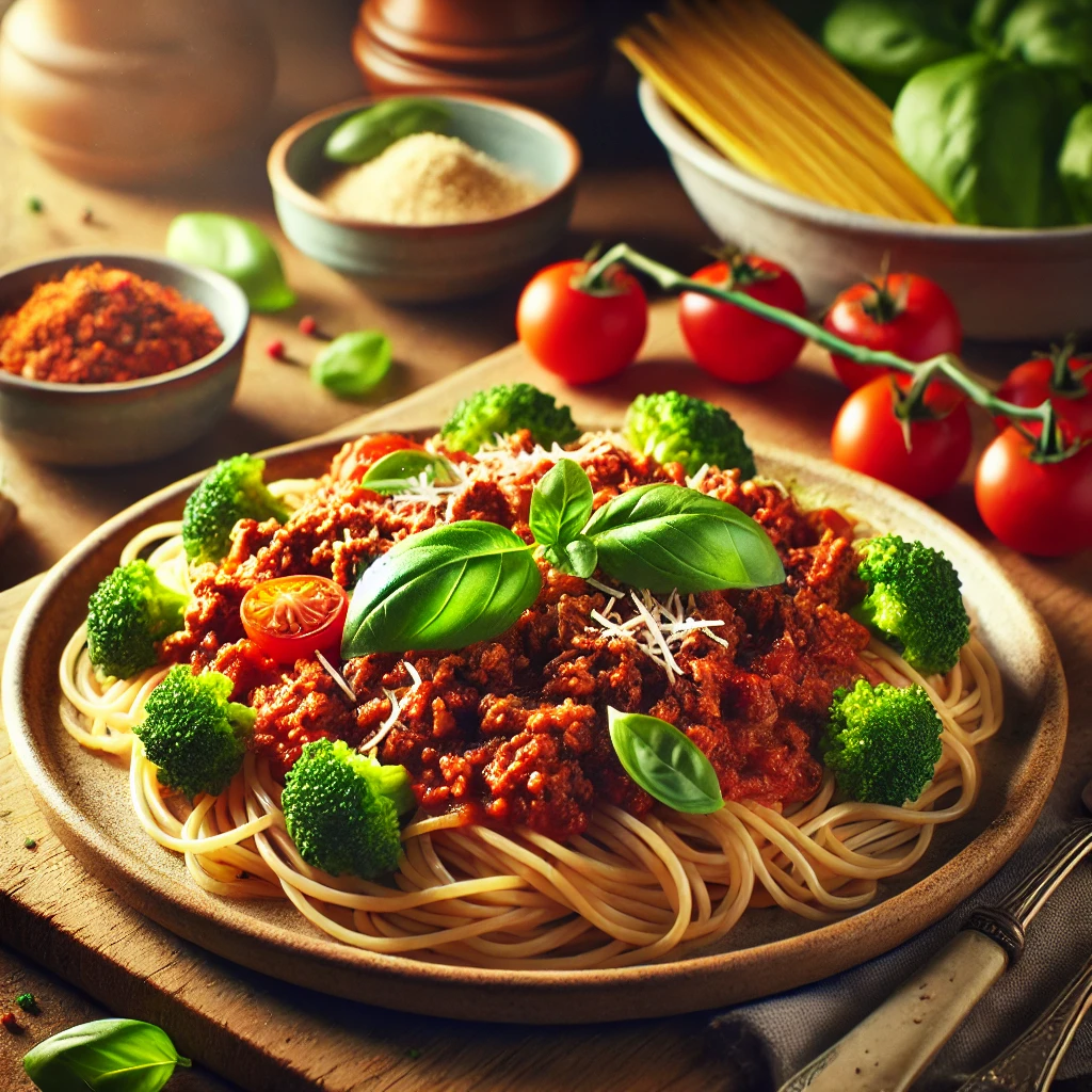 Mager gehakt in pittige tomatensaus met volkoren spaghetti