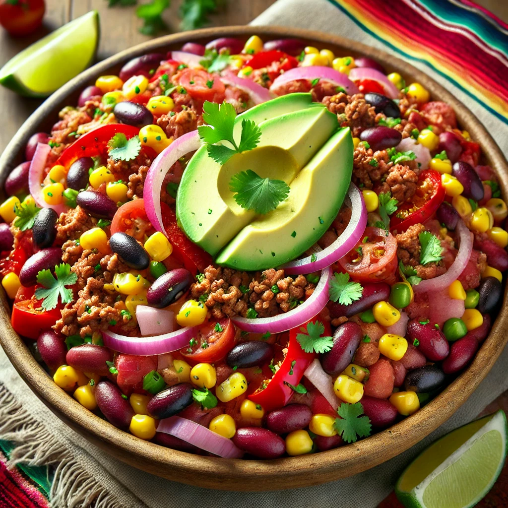 Mexicaanse bonensalade met mager gehakt en maïs