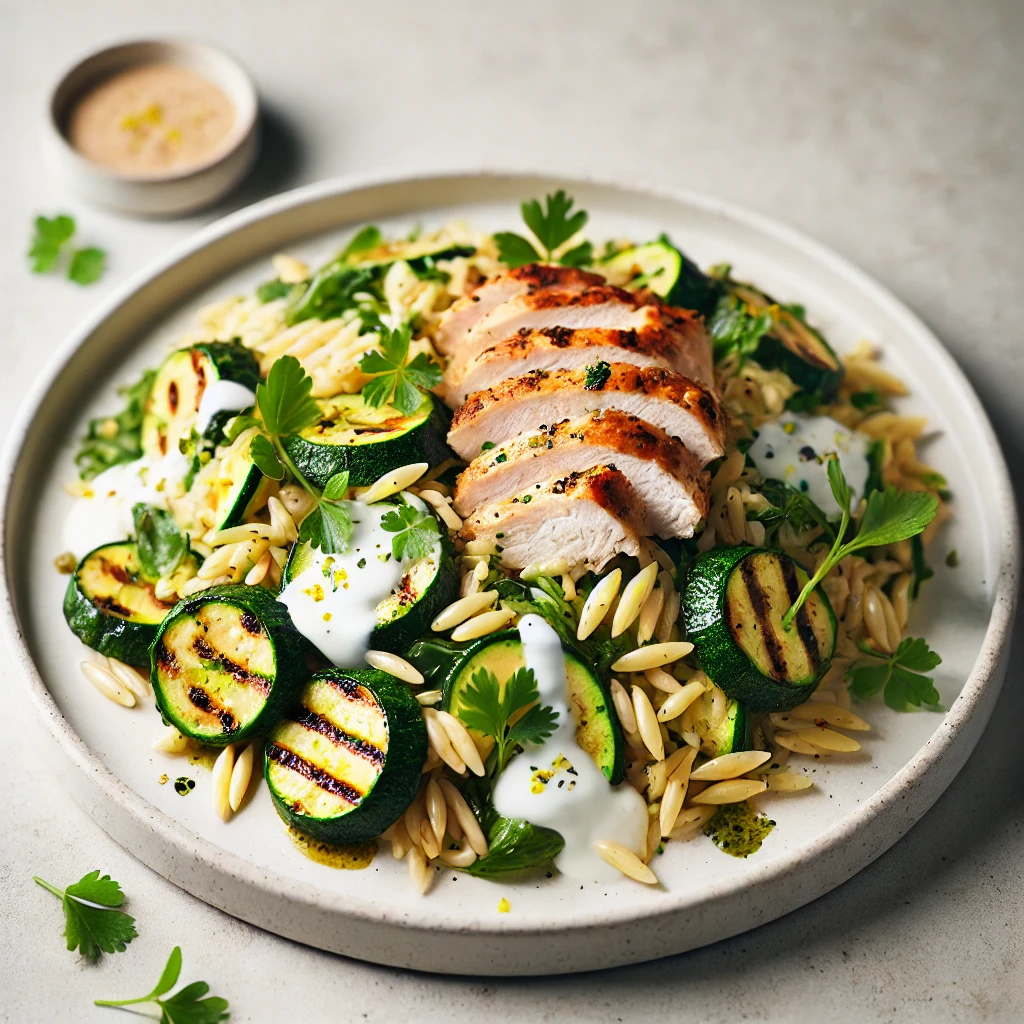 Orzo met kip, courgette en frisse yoghurtdressing