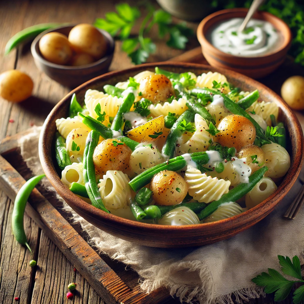 Pastasalade met krieltjes, sperziebonen en magere yoghurtdressing