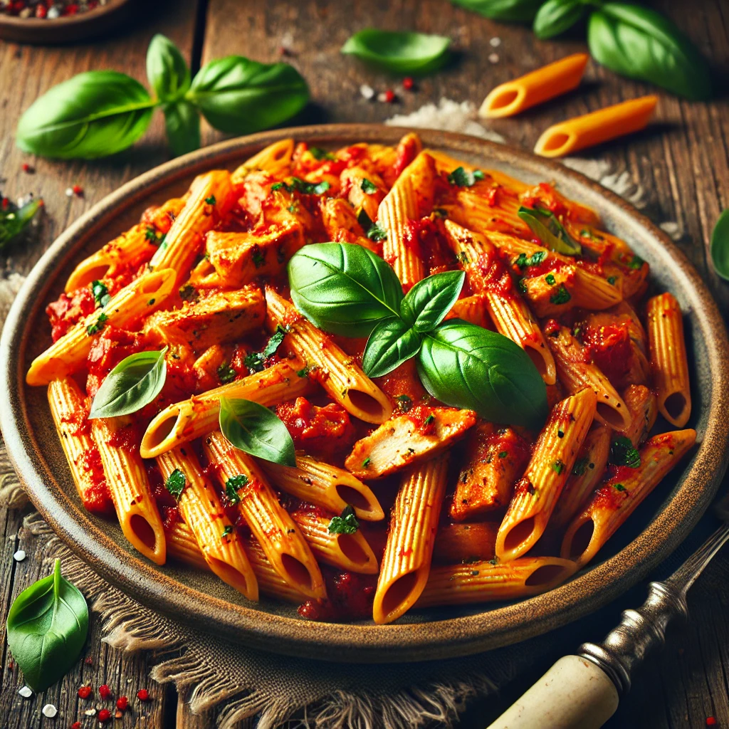 Penne kip arrabbiata met volkoren pasta en verse basilicum