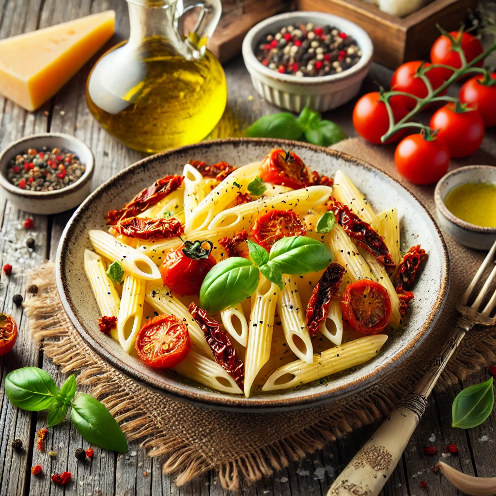 Penne met artisjokharten, zongedroogde tomaten en olijfolie