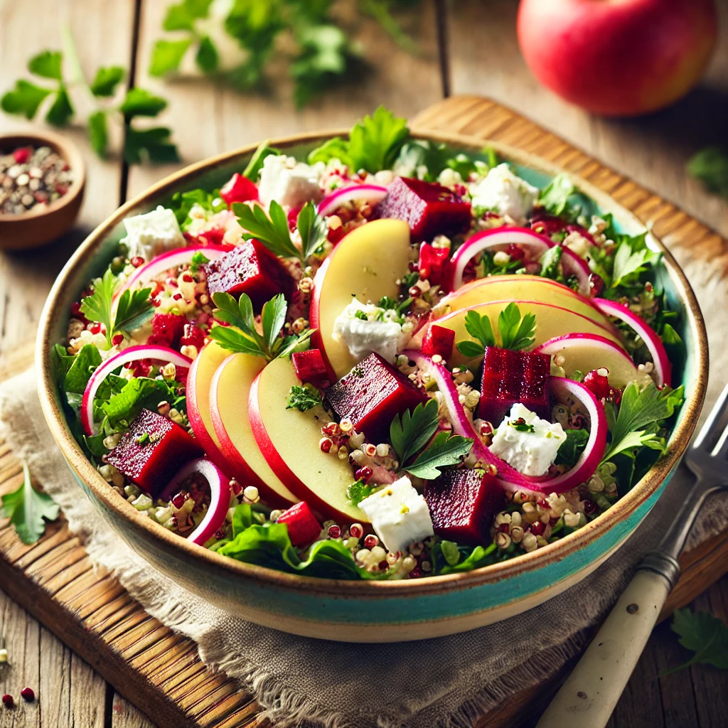 Quinoa salade met appel, rode biet en geitenkaas