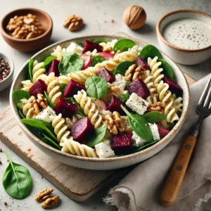 Romige volkoren fusilli-salade met geitenkaas en bietjes