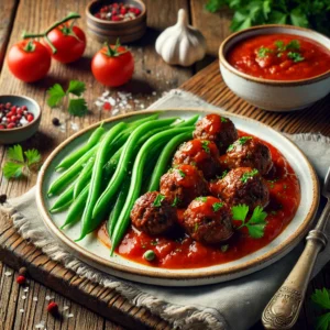 Rundergehaktballetjes in Tomatensaus met Sperziebonen