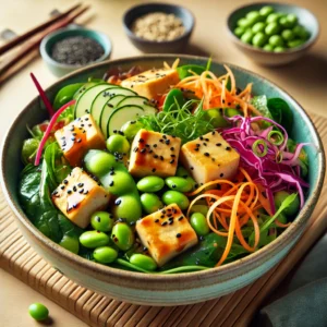 Salade met tofu, edamame en sesamdressing