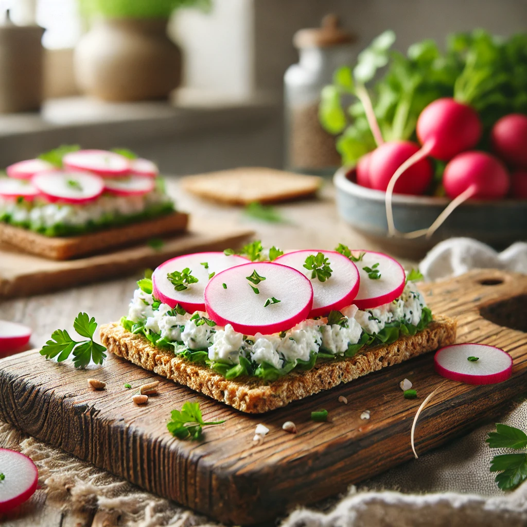 Sandwich van volkorencrackers met hüttenkäse en radijs