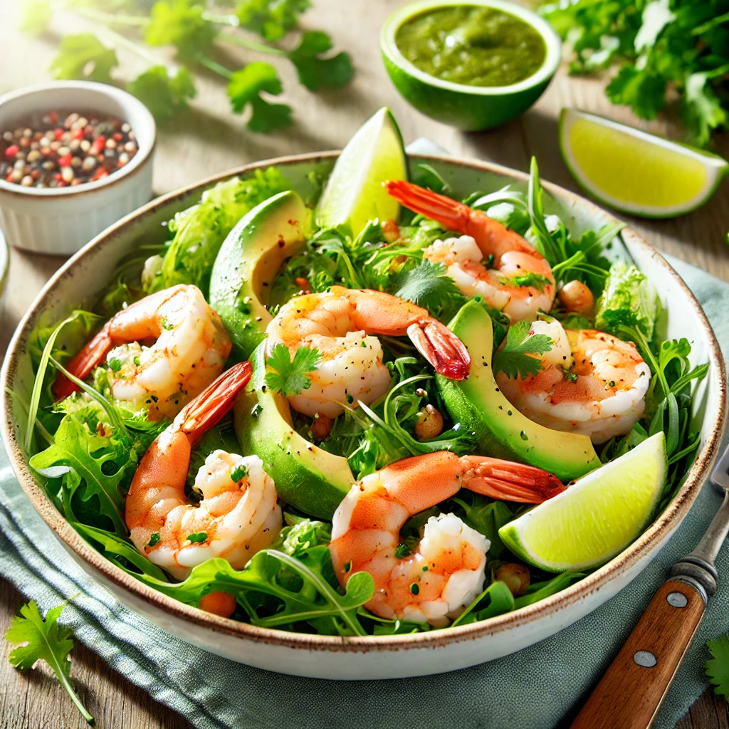 Slanke salade met garnalen, avocado en limoen