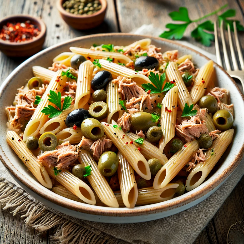 Slanke volkoren penne met tonijn, kappertjes en olijven